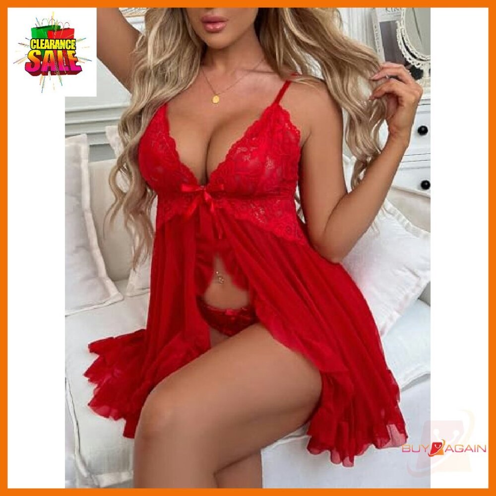 Sexy Lace Babydoll Chemise with Thong - Polyester Mesh Nightgown - Picture 5 of 7